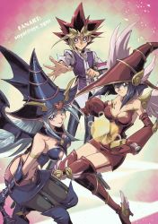 Rule 34 | 1boy, 2girls, apple magician girl, bare shoulders, blonde hair, breasts, chocolate magician girl, cleavage, commentary request, duel monster, hair between eyes, hat, highres, long hair, looking at viewer, multiple girls, muto yugi, nipples, open mouth, soya (sys ygo), wand, wizard hat, yu-gi-oh!, yu-gi-oh! duel monsters