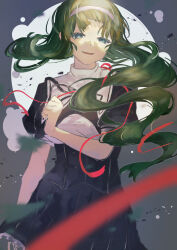 Rule 34 | 1girl, absurdres, aqua eyes, arm at side, assault lily, black ribbon, black skirt, blurry, blurry foreground, breasts, cowboy shot, cropped jacket, debris, floating hair, frilled skirt, frills, gradient background, green hair, grey background, hair down, hairband, hand up, hasebe touka, highres, holding, holding ribbon, jiropi, long hair, looking at viewer, medium breasts, miniskirt, neck ribbon, parted lips, puffy short sleeves, puffy sleeves, red ribbon, ribbon, school uniform, shirt, short sleeves, skirt, smile, solo, standing, underbust, very long hair, white hairband, white shirt, yurigaoka girls academy school uniform