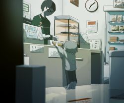 2boys, avogado6, child, clock, commentary request, convenience store, counter, facing away, glasses, grey hair, grey shirt, holding, messy hair, multiple boys, opaque glasses, original, pants, scanner, shelf, shirt, shop, socks, tiptoes