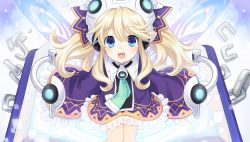 Rule 34 | 10s, 1girl, absurdres, blonde hair, blue eyes, blush, book, chain, game cg, hair ornament, highres, histoire, necktie, neptune (series), official art, smile, solo, tsunako, twintails, wings