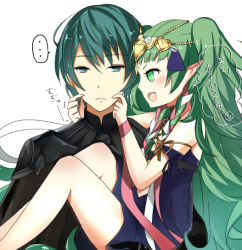 Rule 34 | 1boy, 1girl, braid, byleth (fire emblem), byleth (male) (fire emblem), carrying, cheek pinching, crown, fire emblem, fire emblem: three houses, frown, green eyes, green hair, grin, long hair, nintendo, pinching, pointy ears, princess carry, rojiura-cat, side braid, simple background, smile, sothis (fire emblem), very long hair, white background