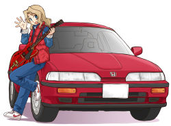 Rule 34 | 1girl, :d, back to the future, blonde hair, blue eyes, blue jacket, blue pants, commentary, cosplay, denim, denim jacket, electric guitar, emblem, foot up, girls und panzer, guitar, hair intakes, holding, holding instrument, honda, honda integra, instrument, jacket, jeans, kay (girls und panzer), leaning back, long hair, long sleeves, looking at viewer, marty mcfly, marty mcfly (cosplay), nike (company), open clothes, open mouth, open vest, pants, red vest, shadow, shoes, simple background, smile, sneakers, solo, standing, uona telepin, vehicle focus, vest, waving, white background, white footwear