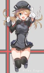 Rule 34 | 10s, 1girl, ;d, aqua eyes, bad id, bad twitter id, black thighhighs, blonde hair, blush, breasts, character name, gloves, hat, kantai collection, low twintails, microskirt, mishima kurone, one eye closed, open mouth, peaked cap, pointing, pointing at viewer, prinz eugen (kancolle), skirt, smile, solo, thigh gap, thighhighs, translated, twintails, twitter username, white gloves