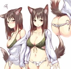 Rule 34 | 2girls, :t, animal ears, ass, bare shoulders, bikini, blue jacket, blush, breasts, brown eyes, brown hair, butt crack, cleavage, closed mouth, cowboy shot, ears down, fox ears, fox tail, green bikini, highres, jacket, jealous, large breasts, long sleeves, looking at viewer, multiple girls, navel, open clothes, open jacket, original, parted lips, pout, siblings, side-tie bikini bottom, simple background, squiggle, standing, sukemyon, swimsuit, tail, tail raised, twins, white background, white bikini
