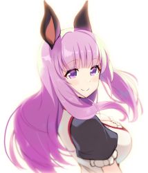 Rule 34 | 1girl, nanashi inc., animal ears, animare, bat ears, blush, breasts, cleavage, clothing cutout, hair ornament, large breasts, long hair, looking at viewer, pink hair, purple eyes, simple background, smile, solo, tagme, umori hinako, upper body, virtual youtuber, wakaba sprout, white background