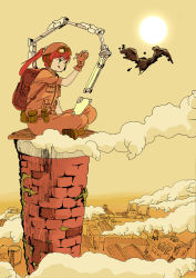 Rule 34 | 1girl, absurdres, backpack, bag, bird, boots, brick, brown footwear, building, clothes iron, cloud, gloves, goggles, green eyes, hat, highres, ladder, long hair, mechanical arms, moss, orange sky, orange theme, original, outdoors, pocket, ponytail, red hair, rooftop, short sleeves, single mechanical arm, sitting, sky, solo, sun, tongue, tower, ultrastar
