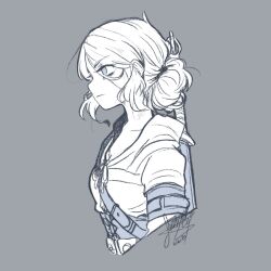 1girl belt_buckle breasts buckle ciri commentary english_commentary grey_background hair_bun highres looking_to_the_side medium_breasts monochrome sandragh shirt short_hair signature simple_background sketch solo sword the_witcher_(series) the_witcher_3 upper_body weapon weapon_on_back white_hair white_shirt