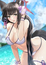 Rule 34 | 1girl, absurdres, akihila, animal ear fluff, animal ears, bare shoulders, bikini, black hair, blue archive, blurry, blurry background, blush, bracelet, breasts, caustics, cleavage, cloud, flower, fox ears, fox girl, fox tail, hair flower, hair ornament, hand in own hair, highres, horizon, jewelry, large breasts, lens flare, long hair, looking at viewer, navel, open mouth, outdoors, smile, solo, string bikini, swimsuit, tail, thigh strap, wakamo (blue archive), wakamo (swimsuit) (blue archive), water, white bikini, wristband, yellow eyes