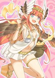 Rule 34 | 1girl, aqua eyes, armlet, bare shoulders, blush, bracelet, breasts, brown wings, circe (fate), diadem, fate/grand order, fate (series), feathered wings, food, head wings, jewelry, ladle, long hair, looking at viewer, miniskirt, multicolored eyes, navel, necklace, open mouth, pink background, pink eyes, pointy ears, pot, shimouki izui, sidelocks, skirt, small breasts, smile, solo, soup, thighlet, vest, white skirt, white vest, white wings, wings