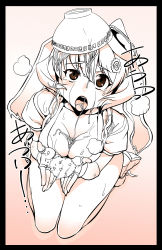 Rule 34 | 1girl, animal ears, bowl, breasts, brown eyes, cleavage, cupping hands, female focus, fingerless gloves, food, food on face, gloves, goggles, goggles on head, large breasts, makihara arina, meandros, noodles, open mouth, own hands together, rabbit ears, rice, ryao, seiza, sexually suggestive, sitting, solo, spot color, suggestive fluid, tongue, waku waku 7