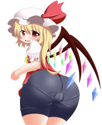 Rule 34 | 1girl, ass, asupina, bike shorts, blonde hair, blush, bow, cameltoe, crystal, fang, female focus, flandre scarlet, from behind, hat, highres, looking back, open mouth, pantylines, puffy sleeves, red eyes, short hair, short sleeves, side ponytail, simple background, solo, touhou, white background, wings
