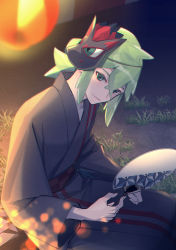 Rule 34 | 1boy, character print, closed mouth, commentary request, creatures (company), game freak, gen 5 pokemon, grass, green eyes, green hair, hair between eyes, highres, holding, japanese clothes, kimono, male focus, mask, mask on head, mitsuha (bless blessing), n (pokemon), n (summer 2022) (pokemon), night, nintendo, official alternate costume, outdoors, paddle, pokemon, pokemon masters ex, sitting, smile, yukata, zoroark