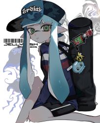 Rule 34 | 06 2y, 1girl, barcode, baseball cap, black shorts, blue eyes, blue hat, carrying bag, closed mouth, green eyes, hat, highres, inkling, inkling girl, inkling player character, jellyfish, long hair, looking at viewer, nintendo, pointy ears, print headwear, shorts, sitting, solo, splatoon (series), white background