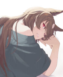Rule 34 | 1girl, animal ears, artist name, brown hair, casual, commentary request, ear ornament, green shirt, head rest, highres, horse ears, horse girl, light brown hair, long hair, looking at viewer, looking back, mukakin, multicolored hair, off shoulder, own hands together, red eyes, shirt, sirius symboli (umamusume), solo, two-tone hair, umamusume, upper body