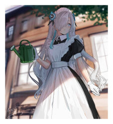 Rule 34 | 1girl, alternate costume, apron, aqua flower, aqua hair, black dress, blush, border, building, collared dress, day, dress, expressionless, flower, gloves, hair flower, hair ornament, hair over one eye, highres, holding, holding watering can, isekai joucho, isshiki (ffmania7), kamitsubaki studio, looking to the side, maid, maid apron, maid headdress, multicolored hair, outdoors, puffy short sleeves, puffy sleeves, shade, short sleeves, sketch, solo, sunlight, two-tone hair, virtual youtuber, watering can, white apron, white border, white eyes, white gloves, white hair