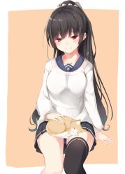 Rule 34 | ..., 10s, 1girl, absurdres, animal, animal on lap, arm at side, bad id, bad pixiv id, black hair, black skirt, black thighhighs, blunt bangs, blush, breasts, cat, cat on lap, closed eyes, closed mouth, collarbone, commentary request, eyebrows, fur, hair ornament, hair scrunchie, highres, isokaze (kancolle), kantai collection, large breasts, long hair, on lap, orange background, petting, pleated skirt, pointy ears, ponytail, red eyes, scrunchie, shirt, simple background, single thighhigh, skirt, sleeping, smile, solo, sweater, takehana note, text focus, textless version, thighhighs, thighs, translated, very long hair, zettai ryouiki