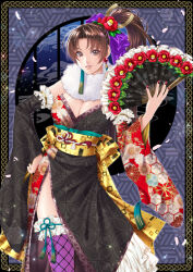Rule 34 | 1girl, asymmetrical sleeves, black kimono, bow, breasts, brown eyes, brown hair, cleavage, commentary request, contrapposto, detached sleeves, earrings, fatal fury, floral print, flower, folding fan, fur scarf, hair bow, hair flower, hair ornament, hand fan, hand on own hip, high ponytail, holding, holding fan, japanese clothes, jewelry, kimono, large breasts, long hair, mismatched sleeves, mito amatsu, parted bangs, parted lips, petals, ponytail, purple thighhighs, red nails, shiranui mai, smile, solo, the king of fighters, thighhighs, wide sleeves, yukata