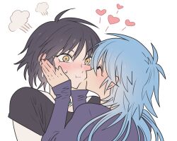 Rule 34 | 2boys, black hair, black shirt, blue hair, blue shirt, blush, closed eyes, closed mouth, dramatical murder, embarrassed, facing another, hair between eyes, hands on another&#039;s cheeks, hands on another&#039;s face, heart, highres, long hair, looking at another, male focus, meremero, multiple boys, nose blush, puff of air, ren (dramatical murder), seragaki aoba, shirt, short hair, simple background, upper body, white background, yaoi, yellow eyes