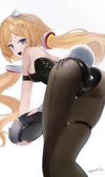 Rule 34 | 1girl, aki rosenthal, anizi, arm strap, artist name, ass, backless leotard, bare shoulders, bent over, black leotard, black pantyhose, blonde hair, blue eyes, breasts, commentary request, detached hair, fake tail, fingernails, headgear, highres, holding, holding tray, hololive, leotard, long fingernails, looking at viewer, looking back, low twintails, medium breasts, open mouth, paid reward available, pantyhose, parted bangs, playboy bunny, rabbit tail, side-tie leotard, simple background, skindentation, smile, solo, strapless, strapless leotard, tail, thigh gap, thigh strap, tray, twintails, virtual youtuber, white background, white wrist cuffs, wrist cuffs