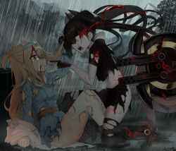 Rule 34 | 2girls, angry, bad id, bad pixiv id, black hair, blonde hair, blood, blood on face, blue eyes, crying, girls&#039; frontline, gloves, grabbing another&#039;s hair, hair ornament, hairband, injury, multiple girls, noria, ouroboros (girls&#039; frontline), pale skin, pointing, rain, shirt, skirt, snowflake hair ornament, suomi (girls&#039; frontline), tears, thighhighs, torn clothes, torn legwear, torn shirt, twintails, wide-eyed
