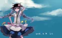 Rule 34 | 1girl, 2015, alternate hairstyle, artist name, blue hair, braid, cloud, dated, day, dress, food, fruit, grin, hand on own hip, hat, hinanawi tenshi, long hair, md5 mismatch, namauni, peach, red eyes, resized, resolution mismatch, sky, smile, solo, source larger, touhou, twin braids