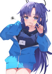 Rule 34 | 1girl, absurdres, black shirt, blue archive, blue jacket, blush, breasts, cowboy shot, facial mark, halo, highres, id card, jacket, lanyard, long hair, long sleeves, medium breasts, official alternate costume, partially unzipped, ponytail, purple eyes, purple hair, shirt, simple background, solo, spoken squiggle, squiggle, star (symbol), sutei (arece15), track jacket, white background, yuuka (blue archive), yuuka (track) (blue archive)