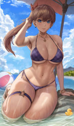 Rule 34 | 1girl, ahoge, armpits, ball, bare shoulders, beach, beach umbrella, beachball, bikini, bird, blue eyes, blush, bow, breasts, brown hair, checkered bikini, checkered clothes, cleavage, cloud, cloudy sky, collarbone, commentary, curvy, day, earrings, female focus, fingernails, garter belt, hair bow, hair ornament, hair ribbon, halterneck, hand up, highres, jewelry, large breasts, long hair, looking at viewer, mountain, mountainous horizon, navel, necklace, original, parted lips, plaid, plaid bikini, ponytail, ribbon, rock, rubber duck, sandals, side-tie bikini bottom, signature, silvertsuki, sitting, skindentation, sky, smile, solo, star (symbol), string bikini, swimsuit, thick thighs, thigh strap, thighlet, thighs, umbrella, water, watermark