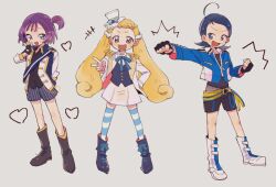 Rule 34 | 3girls, :d, black footwear, black gloves, black shirt, black shorts, blonde hair, blue eyes, blue hair, blue jacket, blue ribbon, blush, boots, brown eyes, clenched hands, commentary request, cosplay, cosplay request, cropped jacket, ensemble stars!, epaulettes, fingerless gloves, full body, gloves, hand up, hat, heart, jacket, knee boots, long hair, long sleeves, looking at viewer, makihatayama hana, mini hat, mini top hat, mitobinyo, multiple girls, neck ribbon, ojamajo doremi, open clothes, open jacket, open mouth, outstretched arm, purple eyes, purple hair, ribbon, sash, segawa onpu, senoo aiko, shirt, short hair, shorts, skirt, smile, standing, striped clothes, striped thighhighs, thighhighs, top hat, twintails, v, white footwear, white headwear, white jacket, white skirt