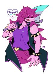 Rule 34 | 1girl, armlet, axe, black jacket, bracelet, colored skin, daoli, deltarune, hair over eyes, holding, holding axe, jacket, jewelry, over shoulder, pink skin, purple shirt, shirt, solo, spiked armlet, spiked bracelet, spikes, susie (deltarune), teeth, white background, yellow teeth
