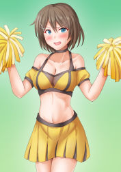 Rule 34 | 1girl, anti (untea9), blue eyes, blush, breasts, brown hair, cheering, cheerleader, cleavage, collarbone, cowboy shot, green background, hair between eyes, hair ornament, highres, holding, holding pom poms, kantai collection, large breasts, maya (kancolle), navel, open mouth, pom pom (cheerleading), pom poms, short hair, solo, x hair ornament