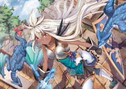 Rule 34 | 1girl, ahoge, armor, armored dress, ayase tamaki, bare shoulders, blue dress, blue sky, boots, bow, breastplate, day, dragon, dress, dutch angle, granblue fantasy, hair between eyes, holding, holding sword, holding weapon, outdoors, red bow, red eyes, shield, short dress, sky, solo, sword, tail, tail bow, tail ornament, weapon, white hair, zooey (granblue fantasy)