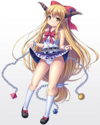 Rule 34 | 1girl, black footwear, blonde hair, blue skirt, bow, brown eyes, chain, clothes lift, cube, full body, hair bow, horn bow, horn ornament, horn ribbon, horns, ibuki suika, lifted by self, long hair, looking at viewer, low-tied long hair, orb, pyramid (geometry), red bow, red neckwear, ribbon, shirt, sidelocks, skirt, skirt lift, sleeveless, sleeveless shirt, smile, socks, solo, takeponi, torn clothes, torn sleeves, touhou, very long hair, white shirt, white socks, wrist cuffs