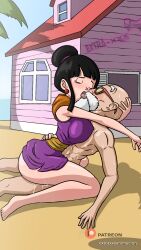 Rule 34 | age difference, ass, beach, breasts, cheating (relationship), chi-chi (dragon ball), closed eyes, completely nude, cowgirl position, dragon ball, dragonball z, female pervert, glasses, hetero, highres, kame house, large breasts, legs, legs apart, long legs, mature female, mature male, muscular, muscular male, muten roushi, nude, pervert, sex, straddling, vaginal