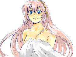 Rule 34 | 1girl, aqua eyes, ataru (7noise), bad id, bad pixiv id, bed sheet, blanket, blush, breasts, collarbone, covering privates, covering breasts, embarrassed, female focus, headphones, lips, long hair, looking at viewer, megurine luka, neck, nude, pink hair, shy, solo, tears, upper body, vocaloid, wavy mouth