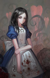 Rule 34 | 1girl, alice: madness returns, alice (alice in wonderland), alice in wonderland, alice liddell (american mcgee&#039;s alice), alphonse (white datura), american mcgee&#039;s alice, apron, arm grab, bad id, bad pixiv id, black hair, blood, blood on clothes, blue dress, brown hair, dress, flower, green eyes, jewelry, knife, lips, long hair, necklace, pendant, plant, red flower, red rose, rose, solo, vines