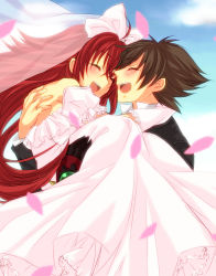Rule 34 | 10s, 1boy, 1girl, ahoge, blush, bride, brown hair, carrying, cherry blossoms, couple, dress, closed eyes, groom, happy, hetero, high school dxd, hug, hyoudou issei, laughing, long hair, petals, princess carry, red hair, rias gremory, short hair, sky, smile, tuxedo, veil, very long hair, wedding, wedding dress
