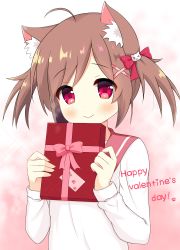 Rule 34 | &gt; &lt;, 1girl, absurdres, ahoge, animal ear fluff, animal ears, blush, bow, box, brown hair, cat ears, cat hair ornament, closed mouth, gift, gift box, hair bow, hair ornament, hairclip, happy valentine, highres, holding, holding gift, long sleeves, original, red bow, red eyes, red sailor collar, sailor collar, school uniform, serafuku, shirt, smile, solo, translation request, twintails, upper body, white shirt, x hair ornament, xiaosamiao