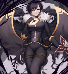 Rule 34 | 1girl, belt, black gloves, black hair, black jacket, black pants, breasts, brown eyes, closed mouth, earrings, feet out of frame, fingerless gloves, fur-trimmed jacket, fur trim, gloves, hair between eyes, hand on own chest, highres, holding, holding mask, holding weapon, jacket, jewelry, kunai, large breasts, long sleeves, looking at viewer, maplestory, mask, mea (hwaksal), night walker (maplestory), pants, short hair, shuriken, solo, standing, thigh strap, weapon