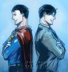 Rule 34 | 1boy, alien, back-to-back, black hair, blue eyes, cape, character name, clark kent, crossed arms, dc comics, dual persona, formal, glasses, kal-el, kryptonian, looking at viewer, male focus, red cape, s shield, smile, solo, suit, superman, superman (series)