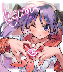 Rule 34 | 1girl, blush, character name, closed mouth, collarbone, heart, heart hands, highres, hiiragi kagami, long hair, long sleeves, looking at viewer, lucky star, neckerchief, one eye closed, purple eyes, purple hair, red neckerchief, red sailor collar, sailor collar, shirt, sofa (enogunomu), solo, tears, twintails, upper body, very long hair, white shirt