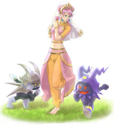 Rule 34 | 1girl, atlus, baggy pants, barefoot, black frost, blush, bracelet, demon, feet, field, flower, frost ace, grass, indian, jewelry, lotus, mico (paleshelter), midriff, navel, open mouth, outdoors, pants, parvati, parvati (megami tensei), pink hair, shin megami tensei, simple background, white background