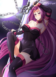 Rule 34 | 1girl, absurdres, black dress, black footwear, boots, breasts, collar, collarbone, detached sleeves, dress, facial mark, fate/grand order, fate/stay night, fate (series), forehead mark, high heel boots, high heels, highres, large breasts, long hair, medusa (fate), medusa (rider) (fate), nameless dagger (fate), purple eyes, purple hair, short dress, solo, square pupils, thigh boots, thighhighs, very long hair, vilde loh hocen
