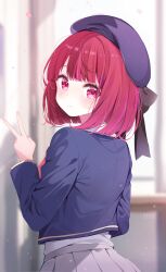 Rule 34 | 1girl, arima kana, artist name, back, beret, black ribbon, blue jacket, blunt ends, blurry, blurry background, blush, closed mouth, commentary request, deyui, door, fingernails, from behind, hand up, hat, hat ribbon, highres, jacket, long fingernails, long sleeves, looking at viewer, looking back, nail polish, oshi no ko, pink nails, pleated skirt, purple hat, purple skirt, red eyes, red hair, ribbon, school uniform, shirt, short hair, skirt, smile, solo, standing, v, white shirt, window, youtou high school uniform