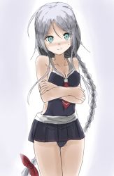 Rule 34 | 1girl, black one-piece swimsuit, black skirt, blue eyes, braid, breasts, casual one-piece swimsuit, cleavage, collarbone, cowboy shot, crossed arms, gradient background, grey background, hair tie, highres, kamaboko senshi, kantai collection, long hair, looking at viewer, medium breasts, mole, mole under eye, necktie, one-piece swimsuit, parted bangs, pleated skirt, red necktie, silver hair, single braid, skirt, smile, solo, standing, swimsuit, thigh gap, umikaze (kancolle), very long hair