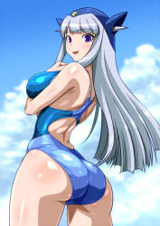 Rule 34 | 10s, 1girl, anime coloring, ass, bare shoulders, blue eyes, blue sky, breasts, cloud, cloudy sky, competition swimsuit, day, gecchan, getter robo, hat, large breasts, long hair, looking back, monteriakitto, one-piece swimsuit, open mouth, protogetter (robot girls z), purple eyes, robot girls z, shiny skin, silver hair, sky, solo, standing, swimsuit