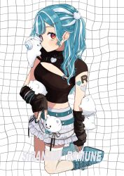 Rule 34 | 1girl, belt, black arm warmers, blue belt, blue footwear, blue hair, breasts, checkered background, cleavage, cleavage cutout, clothing cutout, detached sleeves, distortion, frilled skirt, frills, hair ornament, hairclip, hanada ten, heart, heart tattoo, highres, jewelry, kneeling, looking at viewer, medium breasts, midriff, miniskirt, multicolored hair, orange eyes, profile, shiranami ramune, skirt, sleeves past wrists, solo, streaked hair, stuffed animal, stuffed toy, tattoo, text tattoo, v, virtual youtuber, vspo!, white background, white hair, white skirt