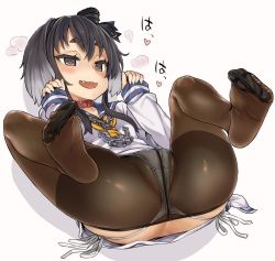 Rule 34 | 1girl, asanagi, ass, black hair, black legwear, blush, collar, crotch seam, dress, eyebrows, fang, feet, hat, heart, heart-shaped pupils, kantai collection, lying, mini hat, no shoes, on back, panties, pantyhose, payot, sailor dress, short hair with long locks, side-tie panties, simple background, sleeves past wrists, smile, soles, solo, spread legs, string panties, symbol-shaped pupils, thick eyebrows, thighband pantyhose, toe scrunch, toes, tokitsukaze (kancolle), underwear, white background, white panties