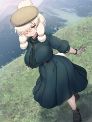 Rule 34 | 1girl, alpaca suri (kemono friends), alpaca tail, belt, beret, black dress, breasts, commentary request, day, dress, grass, grey eyes, hair over one eye, hat, highres, horizontal pupils, kemono friends, large breasts, looking away, mo23, one eye covered, outdoors, short hair, sidelocks, smile, solo, tail, walking, white hair