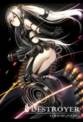 Rule 34 | 1girl, ammunition belt, ass, black background, black footwear, black gloves, boots, breasts, character name, closed mouth, covered erect nipples, crossed bangs, destroyer (girls&#039; frontline), from side, girls&#039; frontline, gloves, grenade launcher, hair between eyes, hair ornament, hair tubes, high heel boots, high heels, letterboxed, looking at viewer, looking back, luse maonang, sangvis ferri, side ponytail, small breasts, solo, thigh boots, thighhighs, thighs, weapon, white hair, yellow eyes