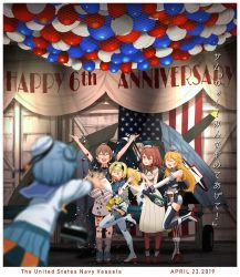 Rule 34 | &gt; &lt;, 6+girls, arms up, balloon, banner, blonde hair, blue eyes, blue hair, blurry, boots, brown hair, commentary request, depth of field, double bun, dress, elbow gloves, english text, closed eyes, flag, gambier bay (kancolle), gloves, hairband, hat, highres, intrepid (kancolle), iowa (kancolle), johnston (kancolle), kantai collection, kitsuneno denpachi, long hair, long sleeves, multiple girls, open mouth, outstretched arms, photo (object), sailor hat, samuel b. roberts (kancolle), saratoga (kancolle), school uniform, serafuku, short hair, short sleeves, shorts, side ponytail, sleeveless, smile, standing, star (symbol), thighhighs, translation request, twintails